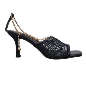 Nanette Lepore Winsky Black Mesh Sandals Gold Chain 7 Black Open-Toe Mesh Shoes